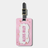 roze gingham en bloem met schuine label bagagelabel (Voorkant verticaal)