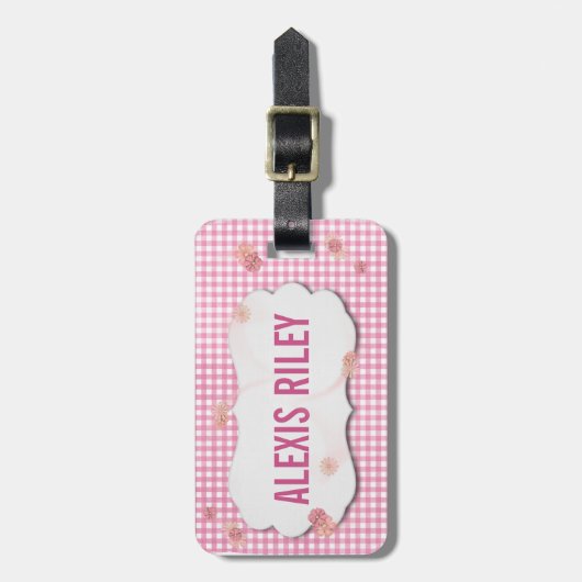 roze gingham en bloem met schuine label bagagelabel (Voorkant verticaal)