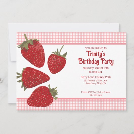 Roze Gingham en rode aardbeien Kaart (Voorkant)