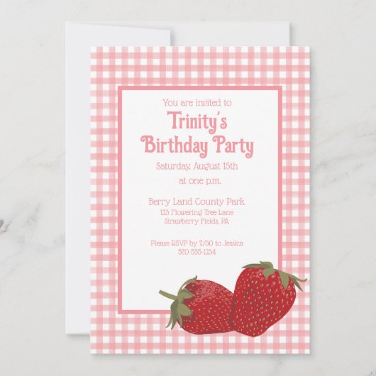 Roze Gingham en rode aardbeien Kaart (Voorkant)
