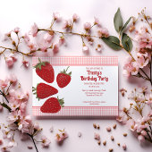 Roze Gingham en rode aardbeien Kaart