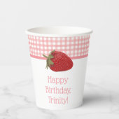 Roze Gingham en rode aardbeien Papieren Bekers (Voorkant)