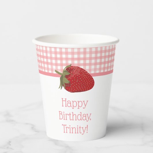 Roze Gingham en rode aardbeien Papieren Bekers
