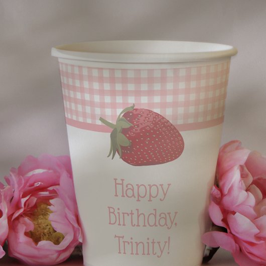 Roze Gingham en rode aardbeien Papieren Bekers