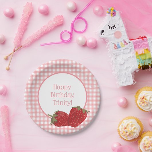 Roze Gingham en rode aardbeien Papieren Bordje (Feest)