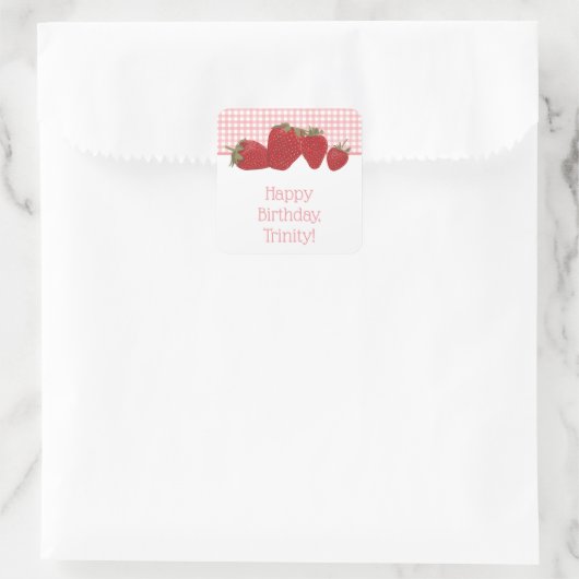 Roze Gingham en rode aardbeien Vierkante Sticker (Tas)