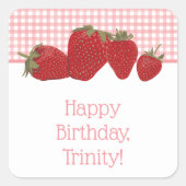 Roze Gingham en rode aardbeien Vierkante Sticker (Voorkant)