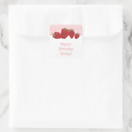 Roze Gingham en rode aardbeien Vierkante Sticker