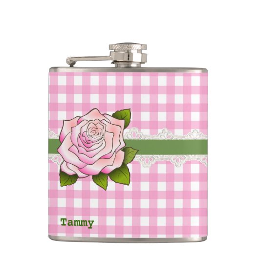 Roze Gingham en Roos maatkolf Heupfles (Voorkant)