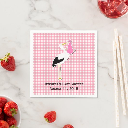 Roze Gingham en Stork Baby shower Papieren servett Servet (Insitu)