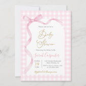 Roze Gingham en Strik Baby Shower Meisje Kaart (Voorkant)