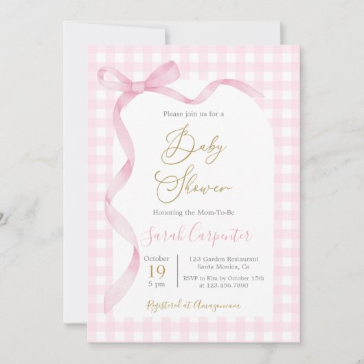 Roze Gingham en Strik Baby Shower Meisje Kaart (Voorkant)