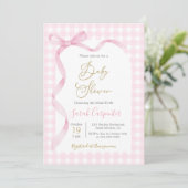 Roze Gingham en Strik Baby Shower Meisje Kaart (Staand voorkant)