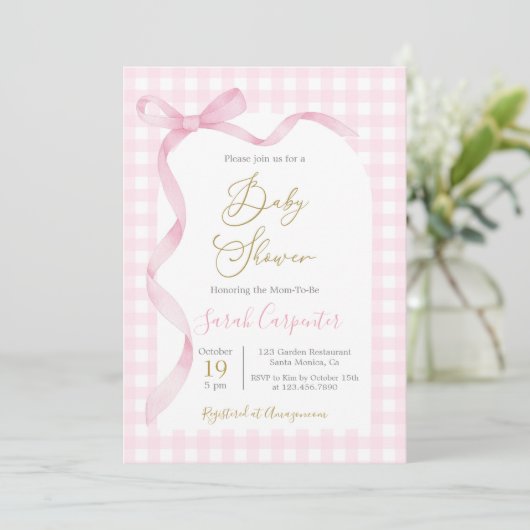 Roze Gingham en Strik Baby Shower Meisje Kaart (Staand voorkant)