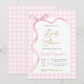 Roze Gingham en Strik Baby Shower Meisje Kaart (Voorkant / Achterkant)