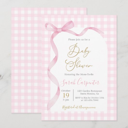 Roze Gingham en Strik Baby Shower Meisje Kaart (Voorkant / Achterkant)