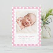 Roze Gingham Enkelvoudige Fotoaankondiging Kaart (Staand voorkant)