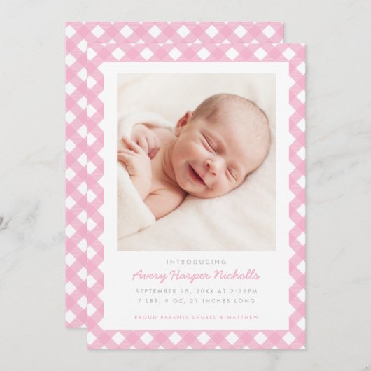 Roze Gingham Enkelvoudige Fotoaankondiging Kaart (Voorkant / Achterkant)