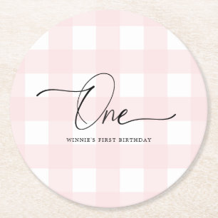 Roze Gingham First Birthday Drink Onderzetter