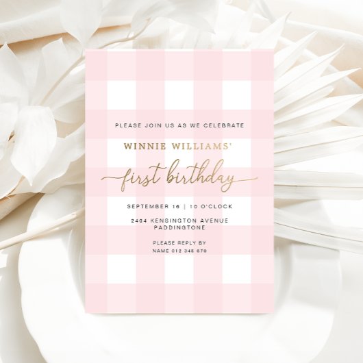 Roze Gingham First Birthday Gold Foil Invitation Folie Uitnodiging