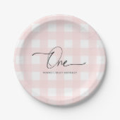 Roze Gingham First Birthday Paper Borden Papieren Bordje (Voorkant)