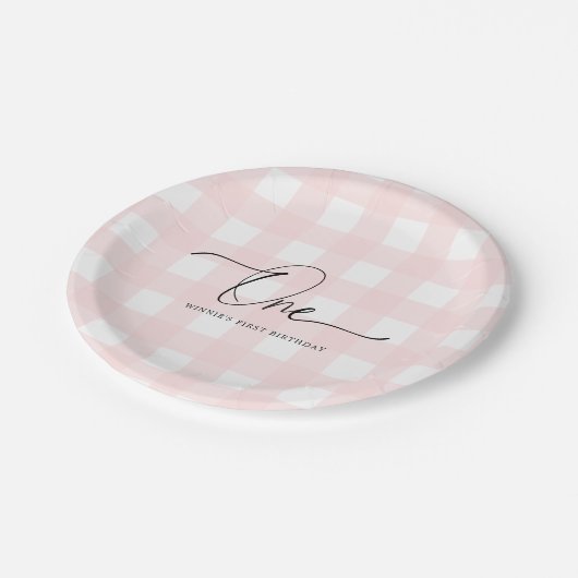Roze Gingham First Birthday Paper Borden Papieren Bordje (Gekanteld)