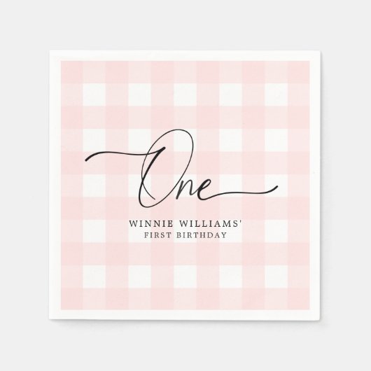 Roze Gingham First Birthday Paper Napkin Servet (Voorkant)
