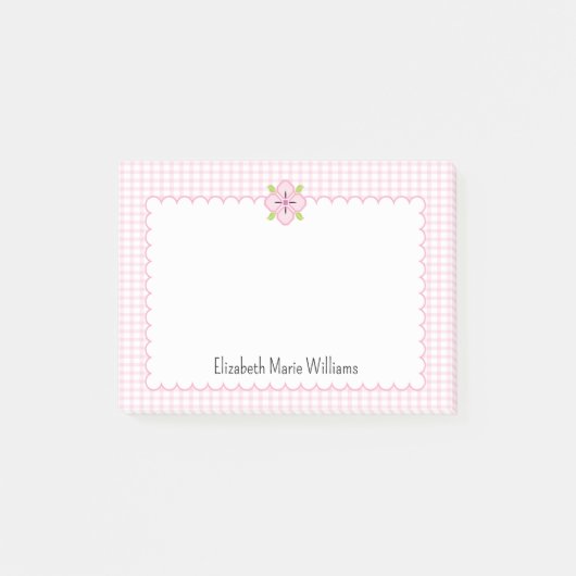 Roze Gingham Floral geschulpte rand gepersonalisee Post-it® Notes (Voorkant)