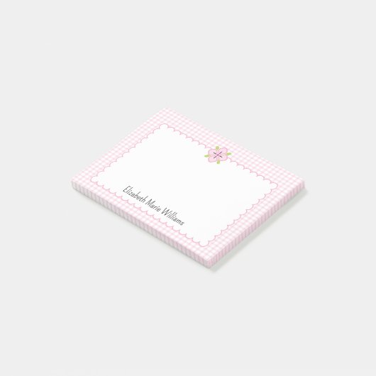 Roze Gingham Floral geschulpte rand gepersonalisee Post-it® Notes (Schuin)