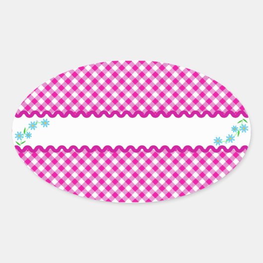 Roze Gingham & Flowers Background Oval Sticker (Voorkant)