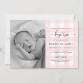 Roze Gingham Foto Baptisme Invitation Kaart (Voorkant)