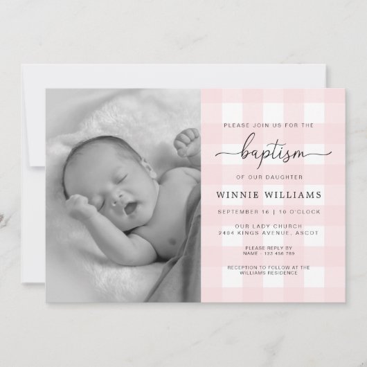 Roze Gingham Foto Baptisme Invitation Kaart (Voorkant)