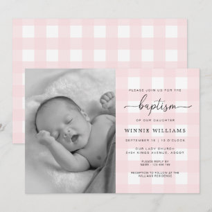 Roze Gingham Foto Baptisme Invitation Kaart