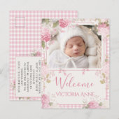 Roze Gingham Foto Vintage Hydrangea Geboorte Aankondigingskaart (Voorkant / Achterkant)