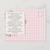 Roze Gingham Foto Vintage Hydrangea Geboorte Aankondigingskaart (Achterkant)