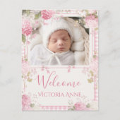 Roze Gingham Foto Vintage Hydrangea Geboorte Aankondigingskaart (Voorkant)