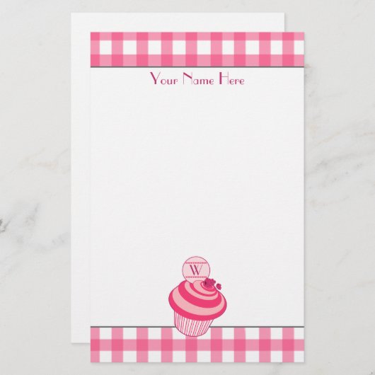 Roze gingham/frambozen Cupcake Stationery Briefpapier (Voorkant / Achterkant)