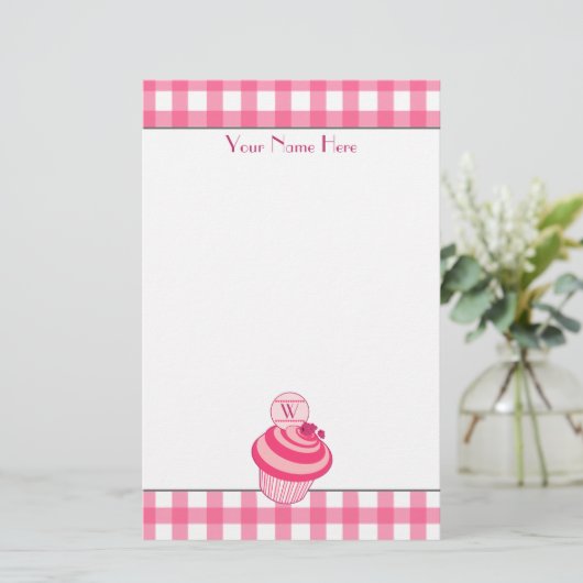 Roze gingham/frambozen Cupcake Stationery Briefpapier (Staand voorkant)