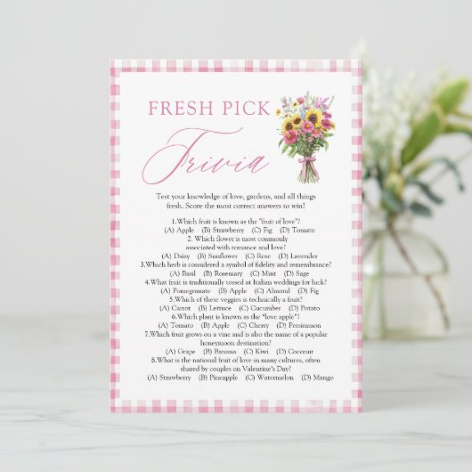 Roze Gingham Fresh Pick Trivia Bruiloftsspel Kaart (Staand voorkant)