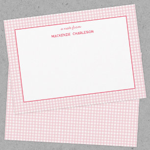 Roze Gingham Gepersonaliseerd Notitiekaartje