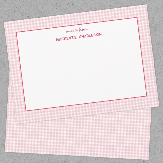Roze Gingham Gepersonaliseerd Notitiekaartje