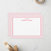 Roze Gingham Gepersonaliseerd Notitiekaartje (Voorkant / Achterkant in situ)