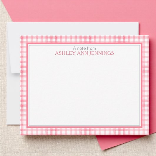 Roze Gingham Geruite Rand Persoonlijk Notitiekaartje