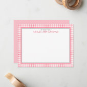 Roze Gingham Geruite Rand Persoonlijk Notitiekaartje (Voorkant / Achterkant in situ)