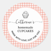 Roze gingham geruite zelfgemaakte cupcake label (Voorkant)