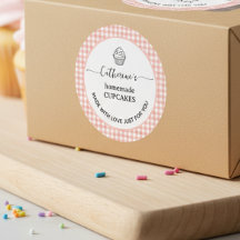 Roze gingham geruite zelfgemaakte cupcake label