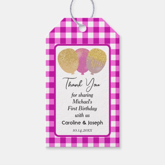 roze gingham, glitterballonnen Verjaardag Cadeaulabel (Voorkant)
