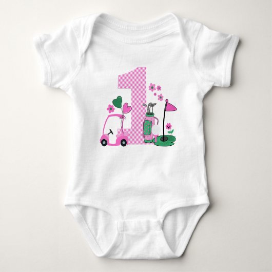 Roze Gingham Golf First Birthday Girl Shirt (Voorkant)
