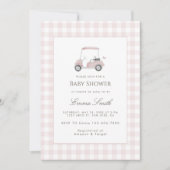 Roze Gingham Golfkar Baby Shower Kaart (Voorkant)