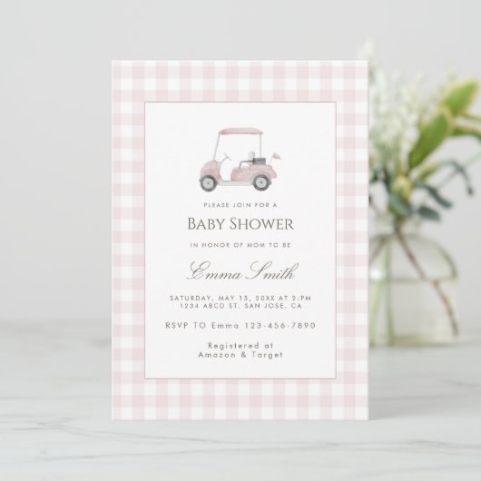 Roze Gingham Golfkar Baby Shower Kaart (Staand voorkant)